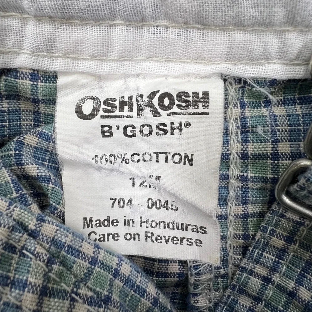 OshKosh B'Gosh Plaid Shortall Overalls Baby 12M Blue Green Cargo Pocket VTG 90s
